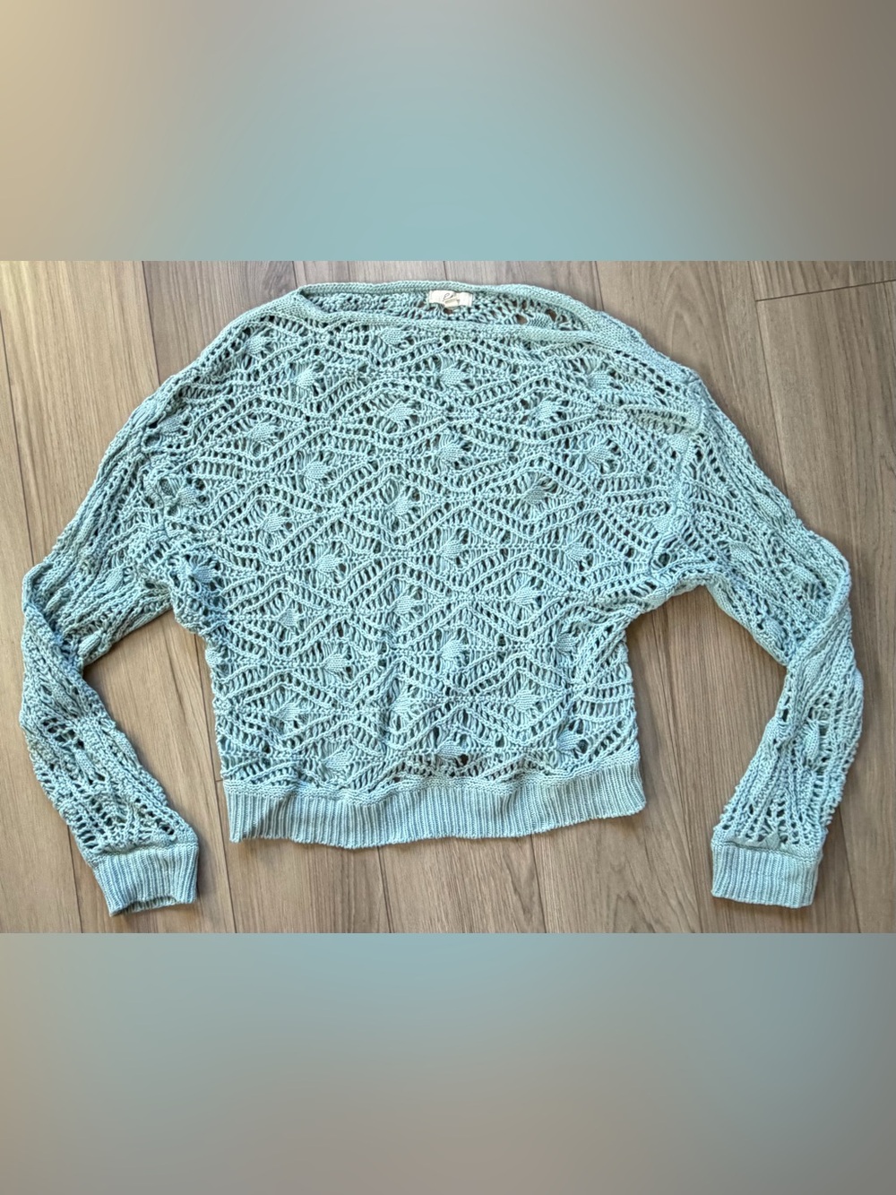 Elan Sea Foam Green Crochet Openwork Women’s Sweater Sz M